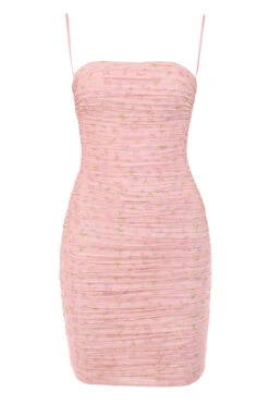 Pink Floral Ruched Organza Mesh Mini Dress -Traumhafte Kleider 1591581055 ella pink print 01