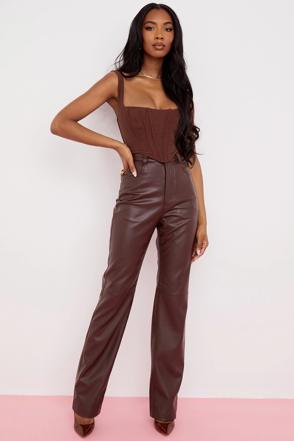 Dark Brown Stretch Vegan Leather Trousers 5 Dark Brown Stretch Vegan Leather Trousers – Bild 3