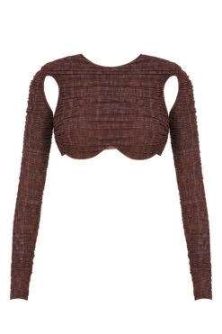Chocolate Print Ruched Mesh Cutout Cropped Top -Traumhafte Kleider 1616393800 sb6823 01