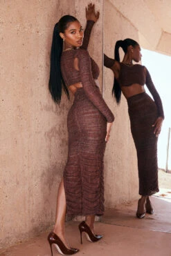 Chocolate Print Ruched Mesh Cutout Cropped Top -Traumhafte Kleider 1616658226 blythe c21