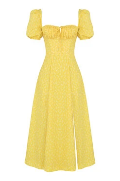Yellow Floral Puff Sleeve Midi Dress -Traumhafte Kleider 1624784165 sb6025k 01