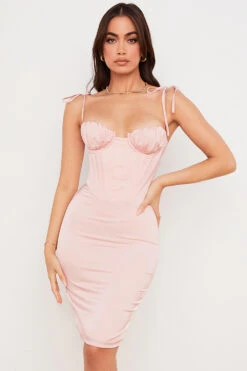 Blush Pink Satin Corset Midi Dress