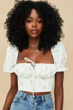Ivory Floral Puff Sleeve Cropped Top