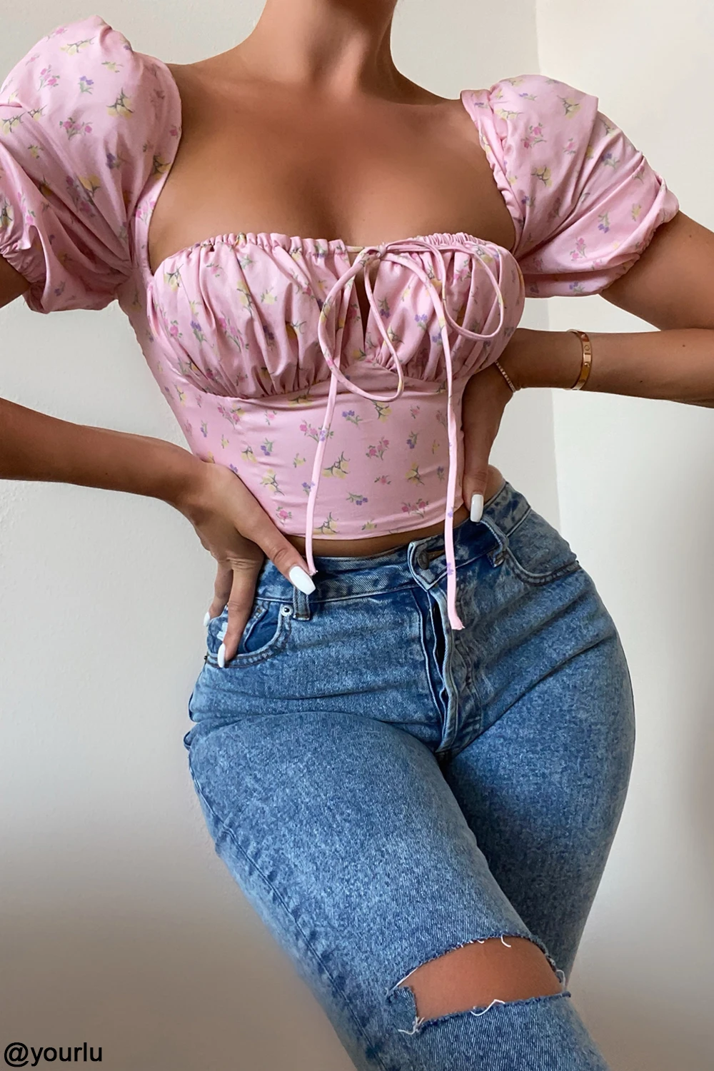 Pink Floral Puff Sleeve Corset 5 Pink Floral Puff Sleeve Corset – Bild 3