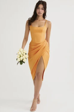 Tangerine Satin Pleated Corset Midi Dress 21 Tangerine Satin Pleated Corset Midi Dress -Traumhafte Kleider bianca 1