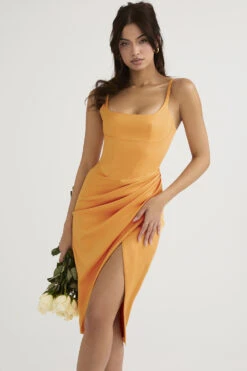 Tangerine Satin Pleated Corset Midi Dress