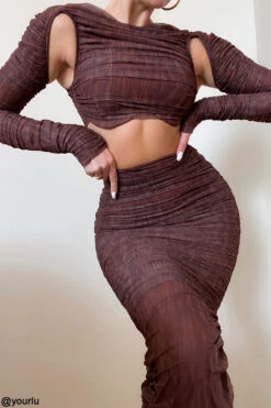 Chocolate Print Ruched Mesh Cutout Cropped Top -Traumhafte Kleider blythe c41