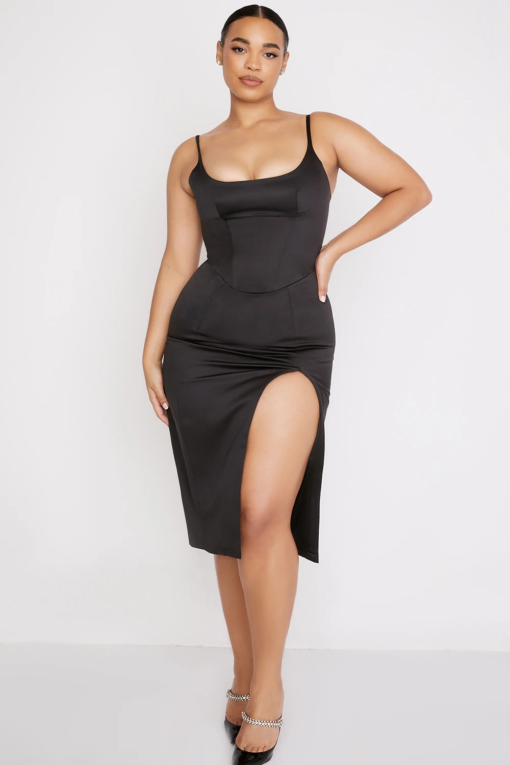 Black Satin Corset Midi Dress 9 Black Satin Corset Midi Dress – Bild 7