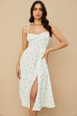 Ivory Floral Shirred Midi Dress