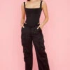 Black Satin Straight Leg Cargo Trousers -Traumhafte Kleider daria 1 1