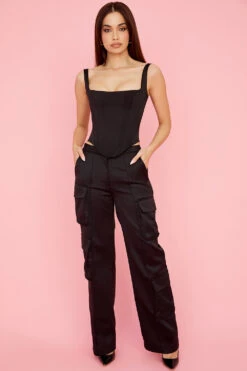 Black Satin Straight Leg Cargo Trousers