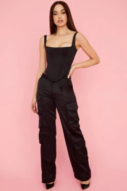 Black Satin Straight Leg Cargo Trousers -Traumhafte Kleider daria 3 1