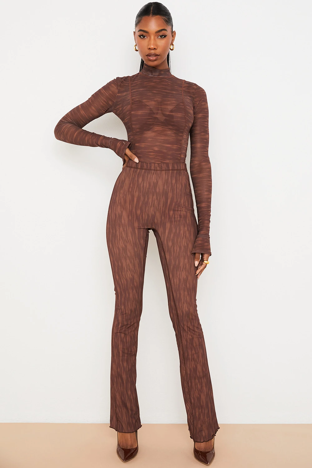 Chocolate Print Mesh Flared Trousers 3 Chocolate Print Mesh Flared Trousers