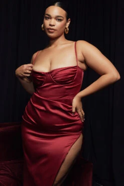 Wine Satin Pleated Corset Midi Dress -Traumhafte Kleider flora w32