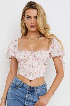 Pink Floral Puff Sleeve Corset Top