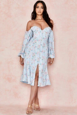 Blue Floral Bardot Midi Sundress -Traumhafte Kleider hope 4