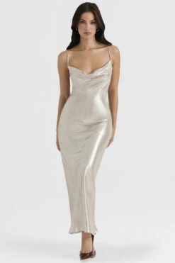 Champagne Shimmer Low Back Maxi Dress