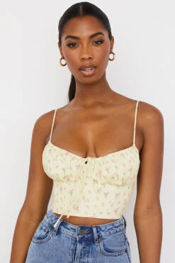 Lemon Ditsy Floral Gathered Bustier Top
