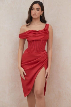 Red Asymmetric Drape Midi Corset Dress -Traumhafte Kleider lulu 6
