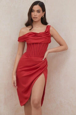 Red Asymmetric Drape Midi Corset Dress -Traumhafte Kleider lulu 7