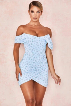 Blue Floral Draped Corset Mini Dress