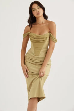 Olive Satin Corset Midi Dress