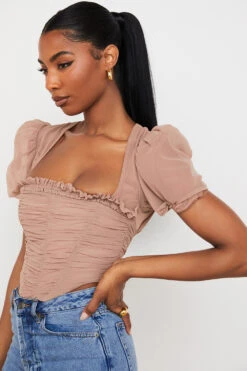 Tan Mesh Puff Sleeve Gathered Corset -Traumhafte Kleider nora 10