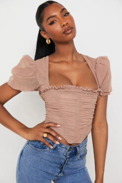 Tan Mesh Puff Sleeve Gathered Corset