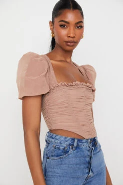 Tan Mesh Puff Sleeve Gathered Corset -Traumhafte Kleider nora 5