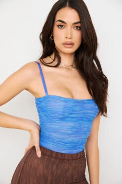 Sky Blue Print Ruched Mesh Bodysuit -Traumhafte Kleider pearl 4