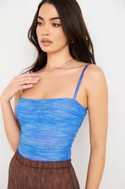 Sky Blue Print Ruched Mesh Bodysuit -Traumhafte Kleider pearl 7