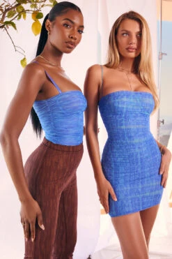 Sky Blue Print Ruched Mesh Bodysuit -Traumhafte Kleider pearl b13