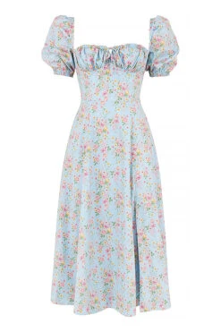 Blue Vintage Floral Puff Sleeve Midi Dress -Traumhafte Kleider sb6025e 01