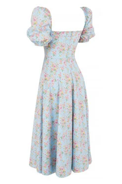 Blue Vintage Floral Puff Sleeve Midi Dress -Traumhafte Kleider sb6025e 02