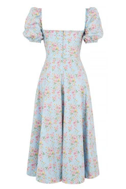 Blue Vintage Floral Puff Sleeve Midi Dress -Traumhafte Kleider sb6025e 03