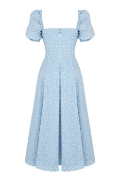Blue Ivory Floral Puff Sleeve Midi Dress -Traumhafte Kleider sb6025g 03