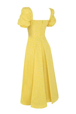 Yellow Floral Puff Sleeve Midi Dress -Traumhafte Kleider sb6025k 02