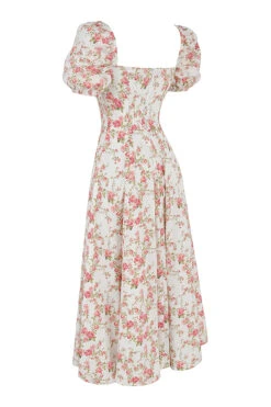 Rose Print Puff Sleeve Midi Sundress -Traumhafte Kleider sb6025p 02