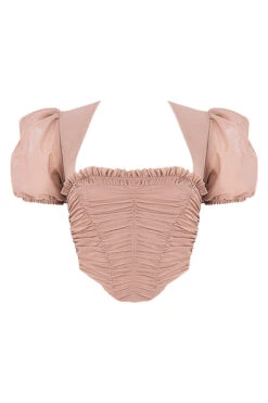 Tan Mesh Puff Sleeve Gathered Corset -Traumhafte Kleider sb6765 01a