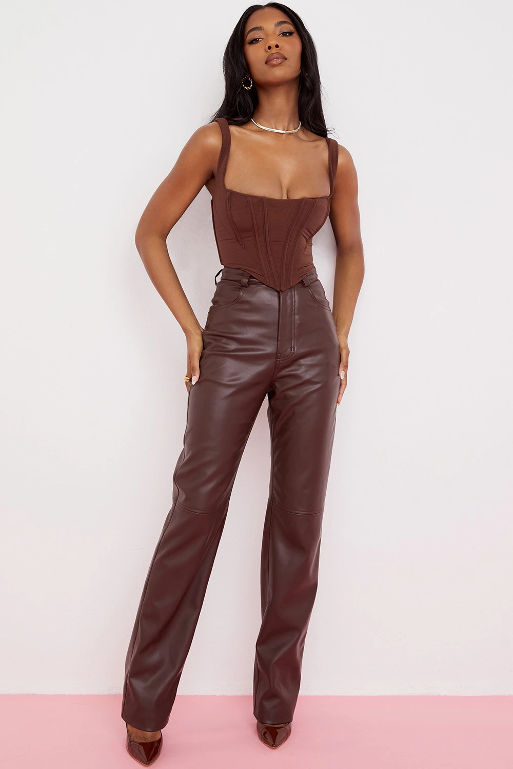 Dark Brown Stretch Vegan Leather Trousers 8 Dark Brown Stretch Vegan Leather Trousers – Bild 6