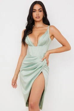 Pistachio Satin Corset Midi Dress