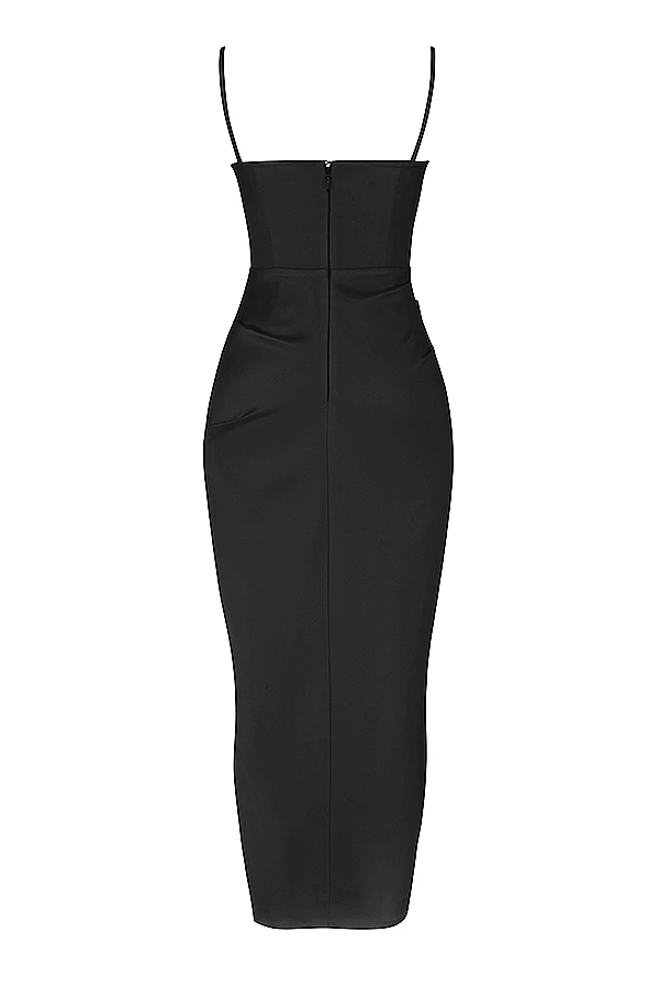 Black Satin Pleated Corset Midi Dress 16 Black Satin Pleated Corset Midi Dress – Bild 14