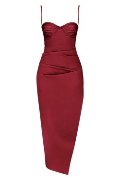 Wine Satin Pleated Corset Midi Dress -Traumhafte Kleider sb7817b 01a