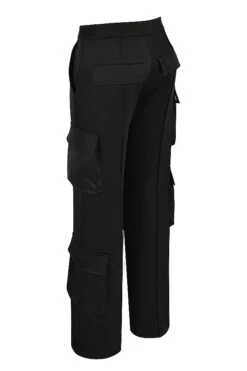 Black Satin Straight Leg Cargo Trousers -Traumhafte Kleider sb8062a 02