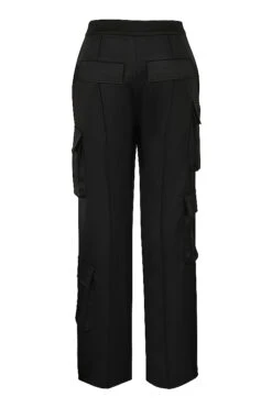 Black Satin Straight Leg Cargo Trousers -Traumhafte Kleider sb8062a 03