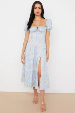 Blue Vintage Floral Puff Sleeve Midi Dress -Traumhafte Kleider tallulah 1 1