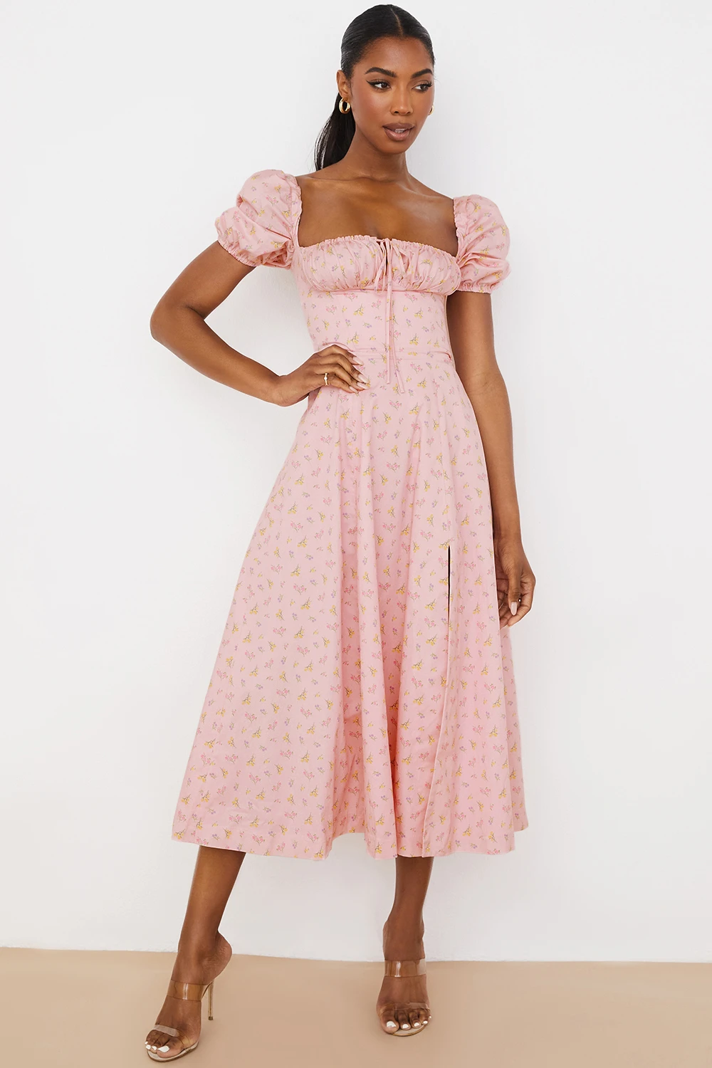 Pink Floral Puff Sleeve Midi Dress 6 Pink Floral Puff Sleeve Midi Dress – Bild 4