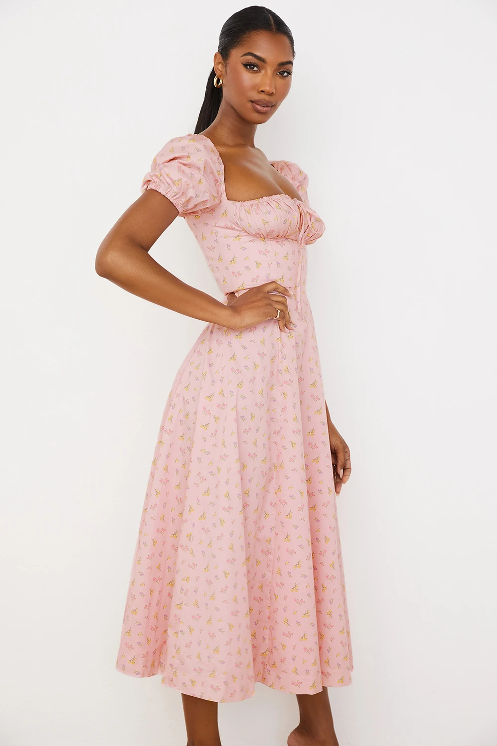 Pink Floral Puff Sleeve Midi Dress 9 Pink Floral Puff Sleeve Midi Dress – Bild 7