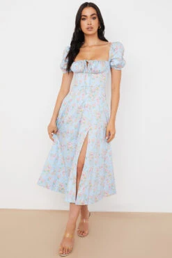Blue Vintage Floral Puff Sleeve Midi Dress -Traumhafte Kleider tallulah 2