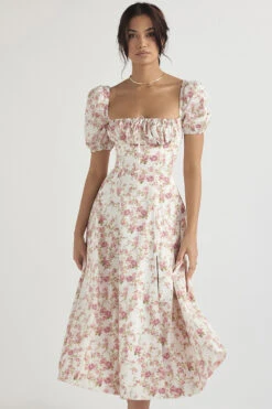 Rose Print Puff Sleeve Midi Sundress